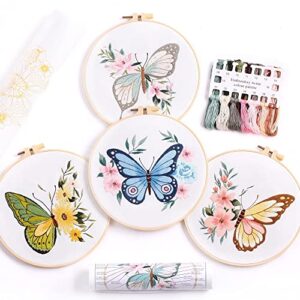 reewisly 4 pcs of embroidery starter kit with patterns and instructions, diy adult beginner cross stitch kits, including 2 plastic embroidery hoop, 1 pair of scissors, colored threads and needles