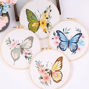 REEWISLY 4 pcs of Embroidery Starter kit with Patterns and Instructions, DIY Adult Beginner Cross Stitch Kits, Including 2 Plastic Embroidery Hoop, 1 Pair of Scissors, Colored Threads and Needles