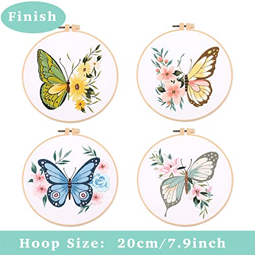 REEWISLY 4 pcs of Embroidery Starter kit with Patterns and Instructions, DIY Adult Beginner Cross Stitch Kits, Including 2 Plastic Embroidery Hoop, 1 Pair of Scissors, Colored Threads and Needles