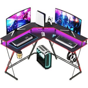 hoobro l shaped gaming desk with led music rhythm lights and charging station, computer corner desk with cup holder, headset hooks, home office desk with large monitor stand, black bb130uddn01