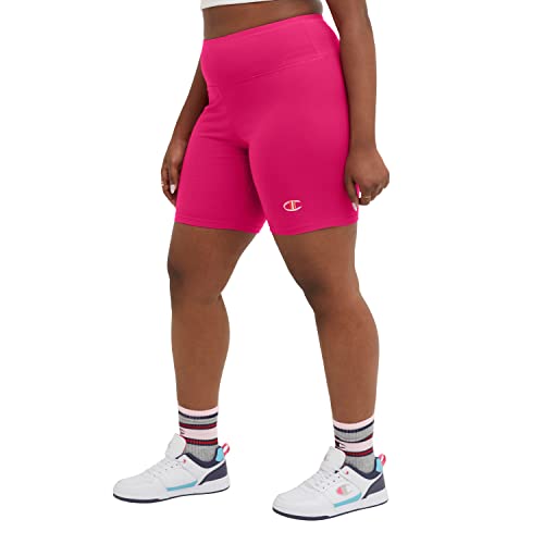 Champion, Authentic, Moisture Wicking, Bike Shorts for Women, 8" (Plus Size), Strawberry Rouge C Logo