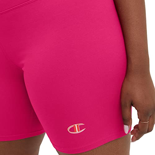 Champion, Authentic, Moisture Wicking, Bike Shorts for Women, 8" (Plus Size), Strawberry Rouge C Logo