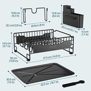 YASONIC Dish Drying Rack with Drainboard - Small Stainless Steel Dish Drainer with Swivel Spout - Dish Racks for Kitchen Counter- Rustproof Dish Rack with Removable Utensil Holder - Black