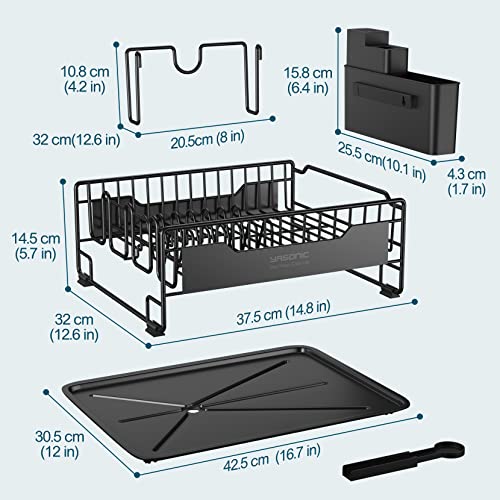 YASONIC Dish Drying Rack with Drainboard - Small Stainless Steel Dish Drainer with Swivel Spout - Dish Racks for Kitchen Counter- Rustproof Dish Rack with Removable Utensil Holder - Black