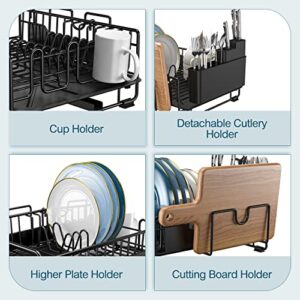 YASONIC Dish Drying Rack with Drainboard - Small Stainless Steel Dish Drainer with Swivel Spout - Dish Racks for Kitchen Counter- Rustproof Dish Rack with Removable Utensil Holder - Black