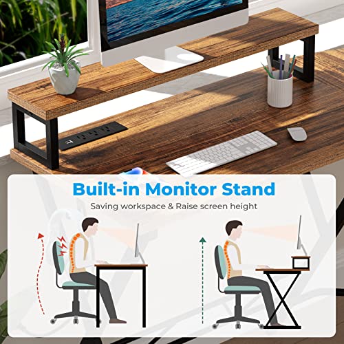GreenForest L Shaped Desk with Power Outlets, 50.6 Inches Reversible Small Corner Computer Desk with Monitor Stand, Home Office Gaming Desk with Headphone Hook, Cup Holder, Walnut