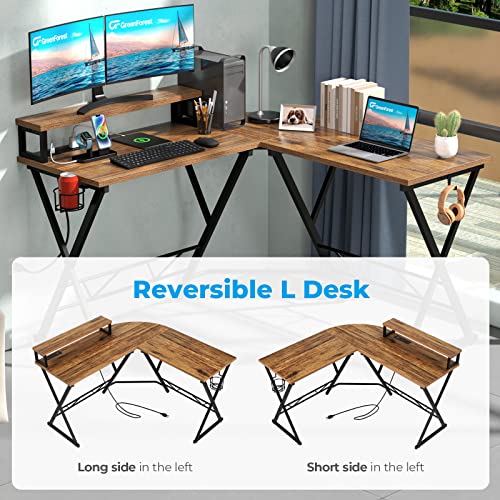 GreenForest L Shaped Desk with Power Outlets, 50.6 Inches Reversible Small Corner Computer Desk with Monitor Stand, Home Office Gaming Desk with Headphone Hook, Cup Holder, Walnut