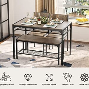 Gizoon Kitchen Table and 2 Chairs for 4 with Bench, 4 Piece Dining Table Set for Small Space, Apartment (Grey)