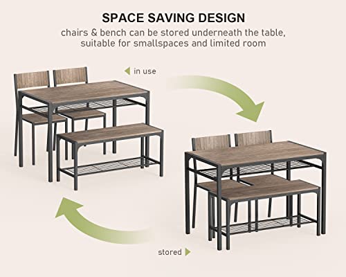 Gizoon Kitchen Table and 2 Chairs for 4 with Bench, 4 Piece Dining Table Set for Small Space, Apartment (Grey)