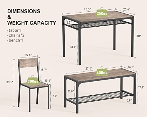 Gizoon Kitchen Table and 2 Chairs for 4 with Bench, 4 Piece Dining Table Set for Small Space, Apartment (Grey)