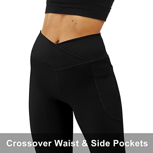 COPYLEAF Women's Flare Yogo Pants with Pockets-V Crossover High Waisted Bootcut Yoga Leggings-Flare Bell Bottom Workout Gym Leggings Black