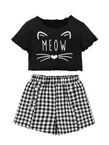 soly hux girl's cute 2 piece outfits letter graphic lettuce trim short sleeve tee tops and plaid shorts set black and white 160