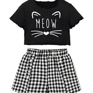 SOLY HUX Girl's Cute 2 Piece Outfits Letter Graphic Lettuce Trim Short Sleeve Tee Tops and Plaid Shorts Set Black and White 160