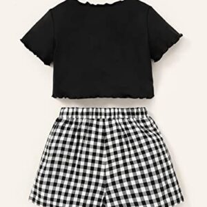 SOLY HUX Girl's Cute 2 Piece Outfits Letter Graphic Lettuce Trim Short Sleeve Tee Tops and Plaid Shorts Set Black and White 160