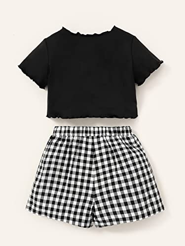 SOLY HUX Girl's Cute 2 Piece Outfits Letter Graphic Lettuce Trim Short Sleeve Tee Tops and Plaid Shorts Set Black and White 160