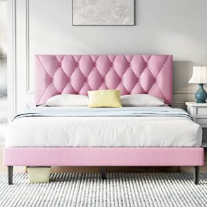 molblly twin size platform bed frame with adjustable headboard, flannel fabric wrap, strong frame and wooden slats support, no box spring needed, non-slip and noise-free, easy assembly, pink