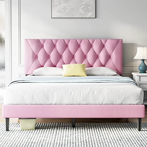 Molblly Twin Size Platform Bed Frame with Adjustable Headboard, Flannel Fabric Wrap, Strong Frame and Wooden Slats Support, No Box Spring Needed, Non-Slip and Noise-Free, Easy Assembly, Pink