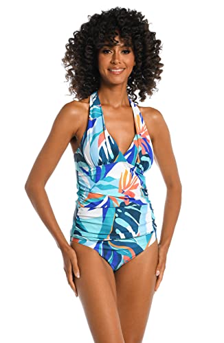 La Blanca Women's Halter Tankini Swimsuit Top, Ice Blue//Coastal Palms, 8