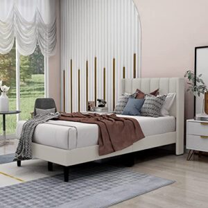 zavoter twin upholstered platform bed frame with headboard, mattress foundation, wood slat support, quiet, no box spring needed, easy to assemble beige