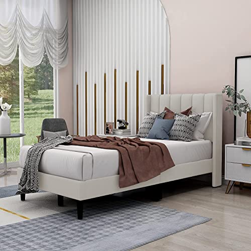 Zavoter Twin Upholstered Platform Bed Frame with Headboard, Mattress Foundation, Wood Slat Support, Quiet, no Box Spring Needed, Easy to Assemble Beige