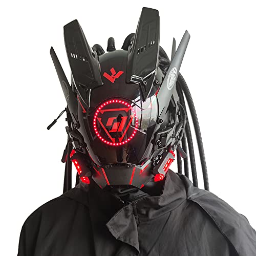 KYEDAY Punk Mask for Men, Futuristic Techwear, Round Light with Braids Mask Cosplay Halloween Fit Party Music Festival Accessories… (Red)