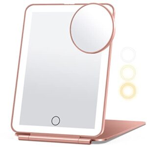 travel makeup mirror with 10x magnifying mirror, vanity mirror with 80leds, 3 color lighting, rechargeable 2000mah batteries, portable ultra slim lighted makeup mirror, gift for women (rose gold)