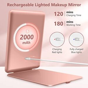 Travel Makeup Mirror with 10X Magnifying Mirror, Vanity Mirror with 80LEDs, 3 Color Lighting, Rechargeable 2000mAh Batteries, Portable Ultra Slim Lighted Makeup Mirror, Gift for Women (Rose Gold)