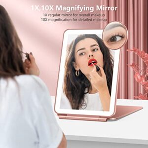 Travel Makeup Mirror with 10X Magnifying Mirror, Vanity Mirror with 80LEDs, 3 Color Lighting, Rechargeable 2000mAh Batteries, Portable Ultra Slim Lighted Makeup Mirror, Gift for Women (Rose Gold)