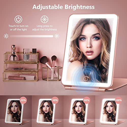 Travel Makeup Mirror with 10X Magnifying Mirror, Vanity Mirror with 80LEDs, 3 Color Lighting, Rechargeable 2000mAh Batteries, Portable Ultra Slim Lighted Makeup Mirror, Gift for Women (Rose Gold)