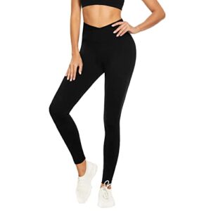 crossover leggings for women tummy control - soft high waisted leggings non see-through cross waist tights workout running yoga pants (black, large-x-large)