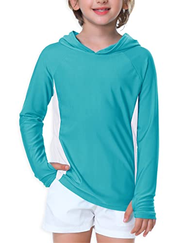 Kids Hooded Swim Shirt Long Sleeve Boys Girls Solid Color Rash Guard Tops Uv Protective Athletic Shirts Aqua White 7-8 Years