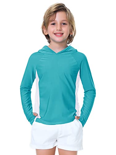 Kids Hooded Swim Shirt Long Sleeve Boys Girls Solid Color Rash Guard Tops Uv Protective Athletic Shirts Aqua White 7-8 Years