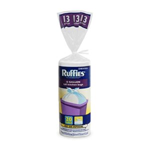 ruffies tall kitchen bags - 13 gallon, 20 bags, 6 mil, wing tie, unscented, white color, pack of 1