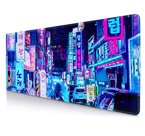 LTHAOGUO Neon Street Desk Mat, Japanese Vaporwave Cyberpunk City Cyan Gaming Mouse Pad, Rubber Base XL Large Deskmat for Computer Laptop, 31.5 X 11.8 Inch -Tokyo Rain Umbrella