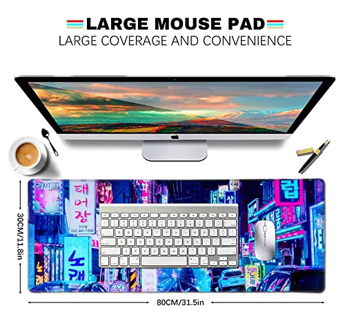 LTHAOGUO Neon Street Desk Mat, Japanese Vaporwave Cyberpunk City Cyan Gaming Mouse Pad, Rubber Base XL Large Deskmat for Computer Laptop, 31.5 X 11.8 Inch -Tokyo Rain Umbrella