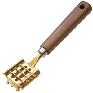 ranshou fish scaler remover no mess heavy duty double wing blade, japanese professional fish scale scraper tool, wood handle, brass gold, made in japan