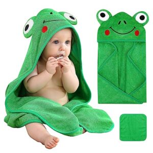 synpos hooded baby towel set - ultra soft & absorbent bamboo cotton bath towel and washcloth - perfect newborn essential cute frog design - 30 x 30 inch