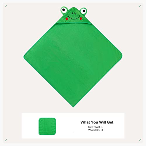 SYNPOS Hooded Baby Towel Set - Ultra Soft & Absorbent Bamboo Cotton Bath Towel and Washcloth - Perfect Newborn Essential Cute Frog Design - 30 x 30 Inch