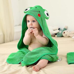 SYNPOS Hooded Baby Towel Set - Ultra Soft & Absorbent Bamboo Cotton Bath Towel and Washcloth - Perfect Newborn Essential Cute Frog Design - 30 x 30 Inch