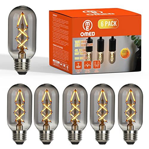 OMED T45/T14 Dimmable Vintage LED Edison Bulbs, E26 4W Antique Fishbone LED Filament Tubular Edison Bulbs 40 Watt Equivalent, 200LM 2700K Soft White Spiral Retro Tube Bulbs, Smoke Grey Glass, 6 Pack