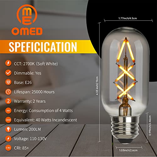 OMED T45/T14 Dimmable Vintage LED Edison Bulbs, E26 4W Antique Fishbone LED Filament Tubular Edison Bulbs 40 Watt Equivalent, 200LM 2700K Soft White Spiral Retro Tube Bulbs, Smoke Grey Glass, 6 Pack