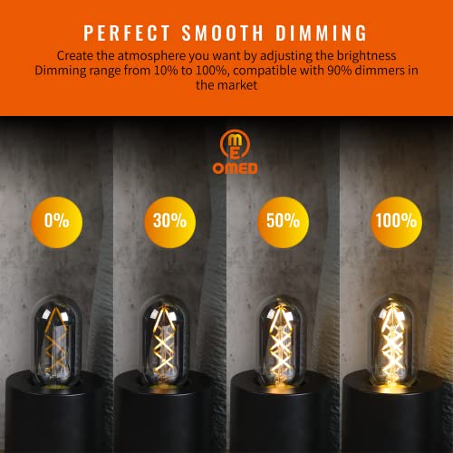 OMED T45/T14 Dimmable Vintage LED Edison Bulbs, E26 4W Antique Fishbone LED Filament Tubular Edison Bulbs 40 Watt Equivalent, 200LM 2700K Soft White Spiral Retro Tube Bulbs, Smoke Grey Glass, 6 Pack