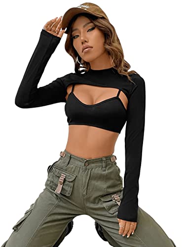 Verdusa Women's 2Pcs Mock Neck Long Sleeve Crop Top Spaghetti Straps Scoop Neck Sleeveless Cami Top Black L