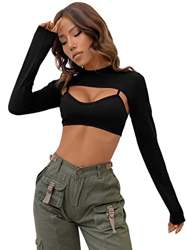 Verdusa Women's 2Pcs Mock Neck Long Sleeve Crop Top Spaghetti Straps Scoop Neck Sleeveless Cami Top Black L