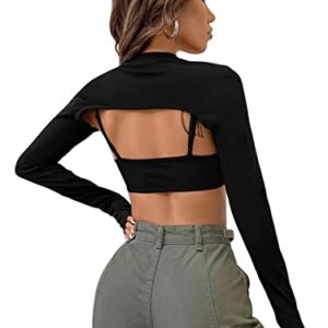 Verdusa Women's 2Pcs Mock Neck Long Sleeve Crop Top Spaghetti Straps Scoop Neck Sleeveless Cami Top Black L