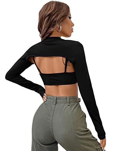 Verdusa Women's 2Pcs Mock Neck Long Sleeve Crop Top Spaghetti Straps Scoop Neck Sleeveless Cami Top Black L