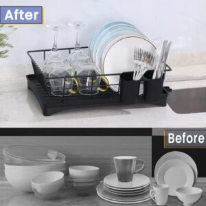 Demeliy Dish Drying Rack, Dish Rack with Drainboard & Utensil Holder, 360°Automatic Water Oulet Dish Racks Drainers for Kitchen Organization, Kitchen Counter, Durable Drying Rack for Dishes, Knives