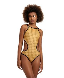 arena women's standard single design seamless one piece swimsuit, gold-multi black, 34