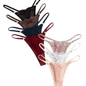 OYOANGLE Women's 7 Pieces Bow Low Rise Scallop Trim Thong Panties Contrast Lace Underwear Multicolor M