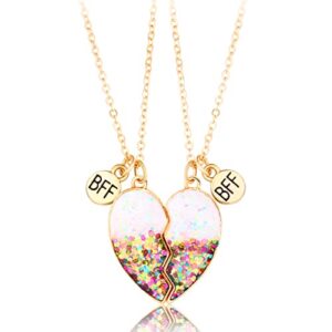 HUASAI Bff Necklace for 2 Girls Matching Friendship Necklace Half Heart Pendant Flamingo Necklace Best Friends Necklaces for Sister Birthday Gifts (D: white heart necklace)